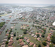 Aerial photo of flooded neighborhoods after Hurricane Harvey in 2017.